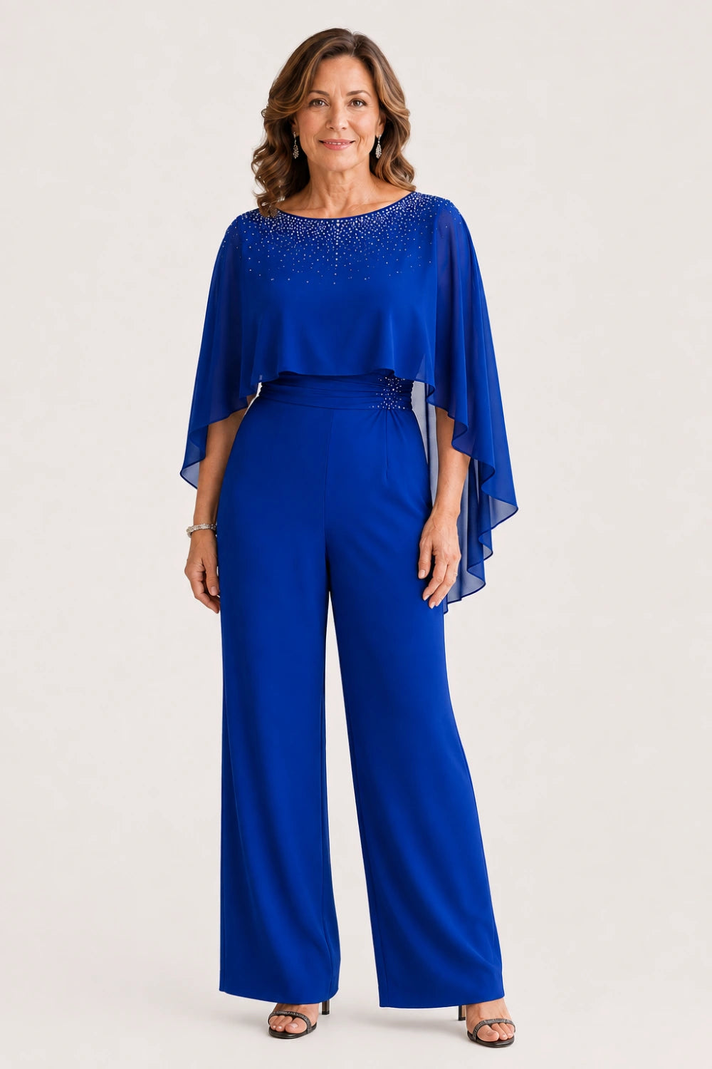 Embellished Cape Overlay Wide-Leg Pant Suit