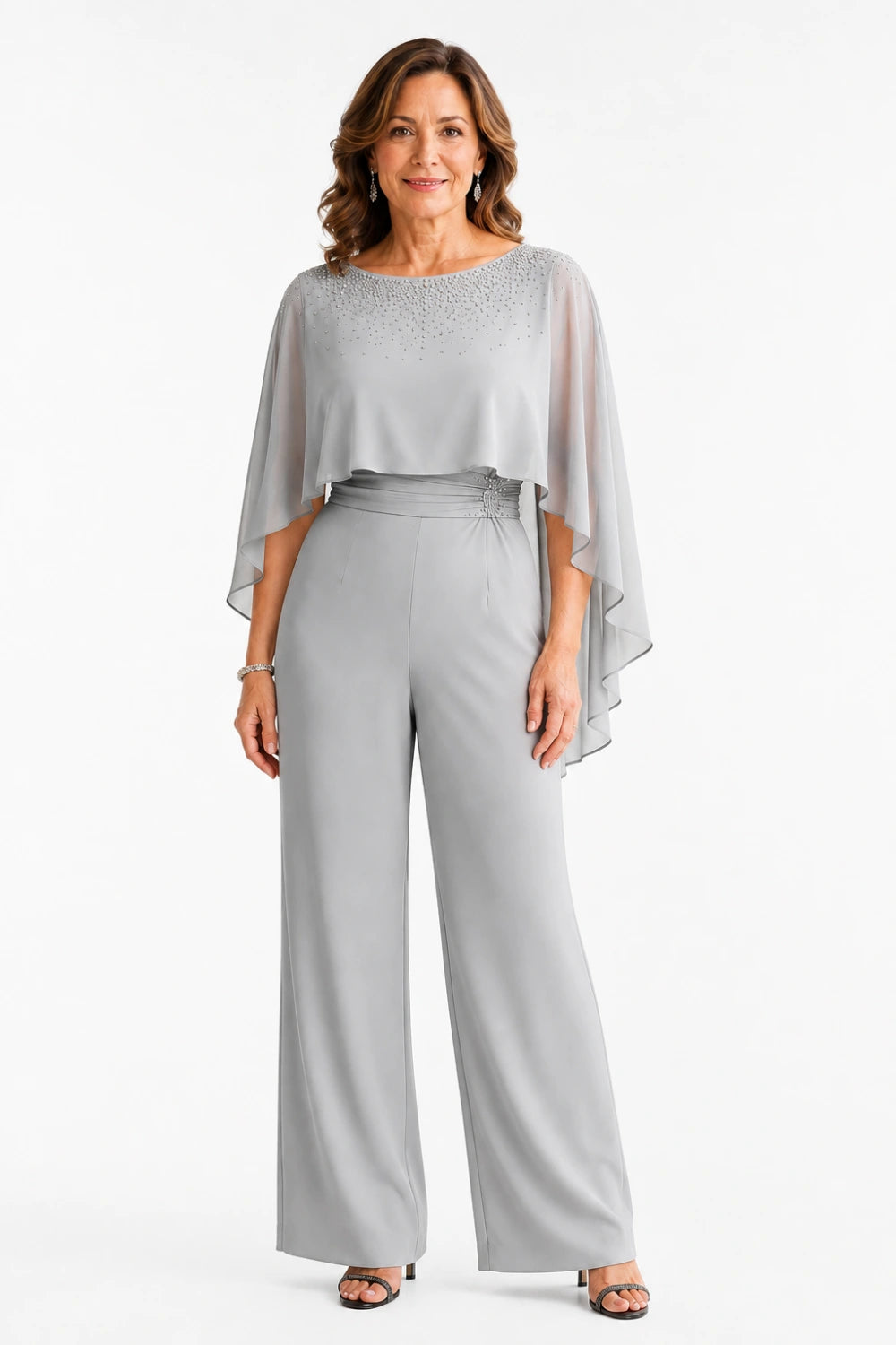 Embellished Cape Overlay Wide-Leg Pant Suit