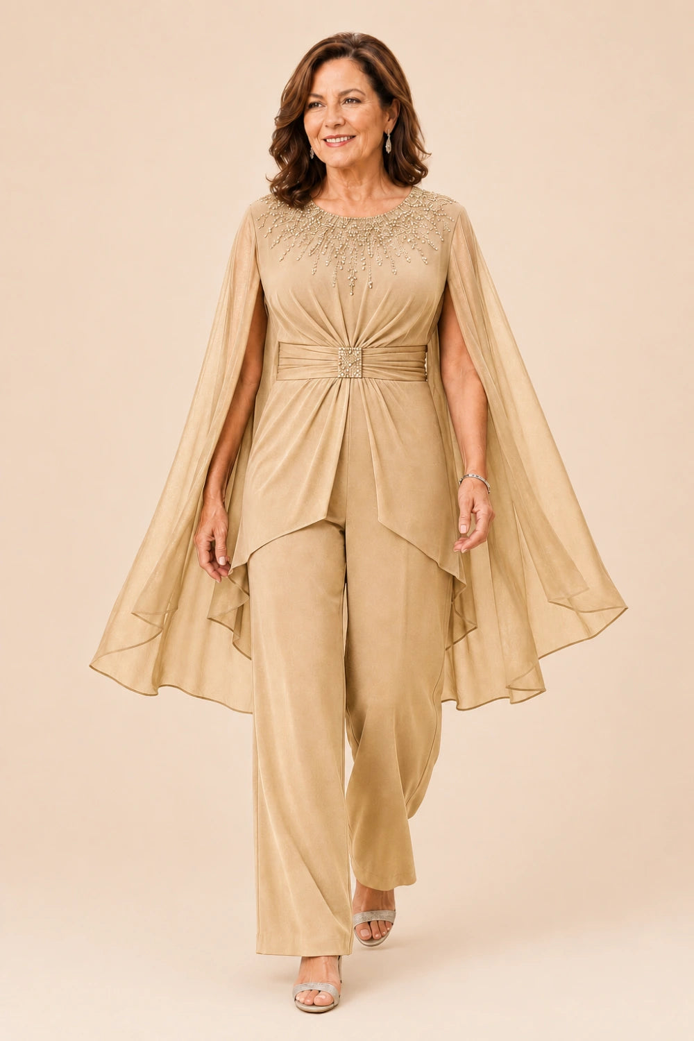 Embellished Cape-Sleeve Wide-Leg Pant Suit
