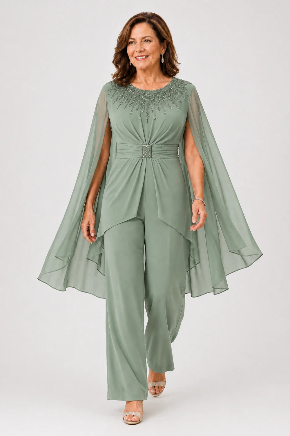 Embellished Cape-Sleeve Wide-Leg Pant Suit