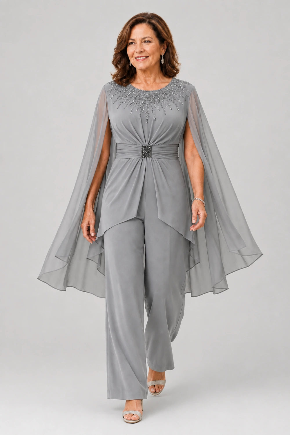 Embellished Cape-Sleeve Wide-Leg Pant Suit