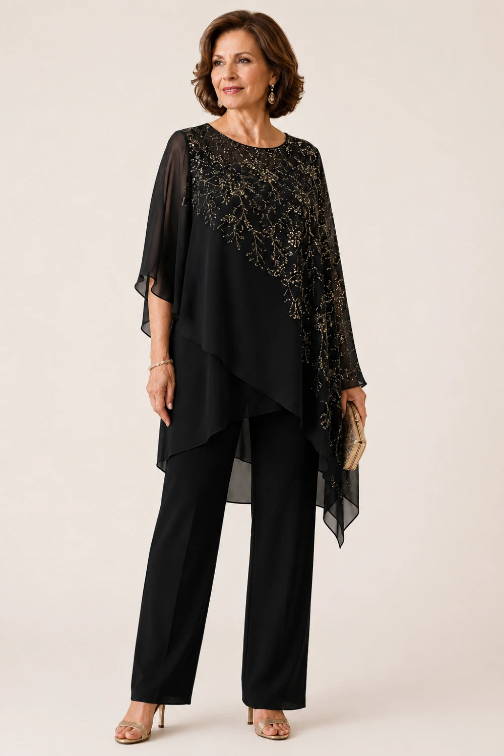 Embroidered Chiffon Overlay Mother of the Bride Pant Suit