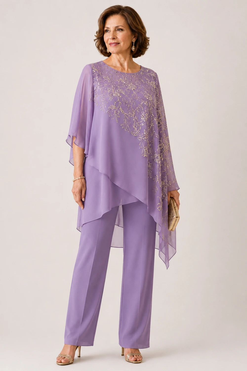 Embroidered Chiffon Overlay Mother of the Bride Pant Suit