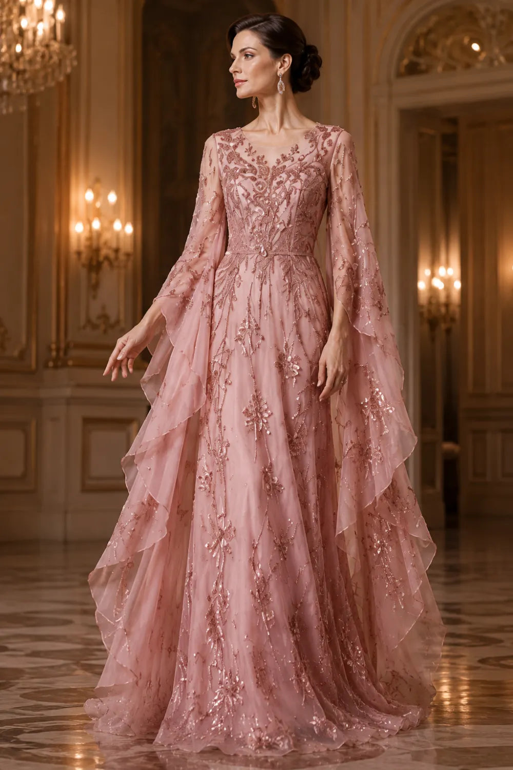 Pink Floral Embroidered Dress Elegant Mother of the Bride Gown