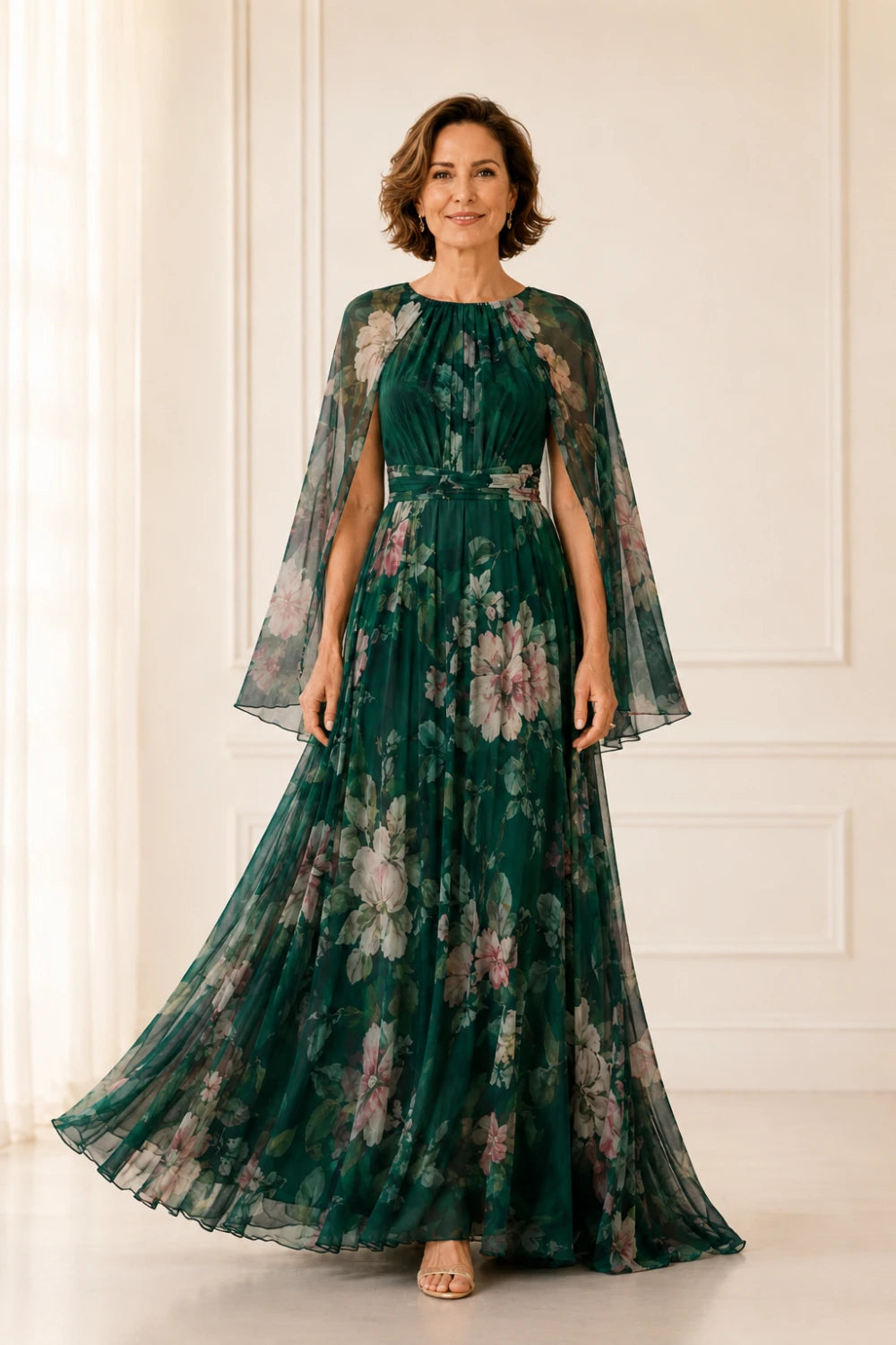 Emerald Floral Cape-Sleeve Chiffon Maxi Dress