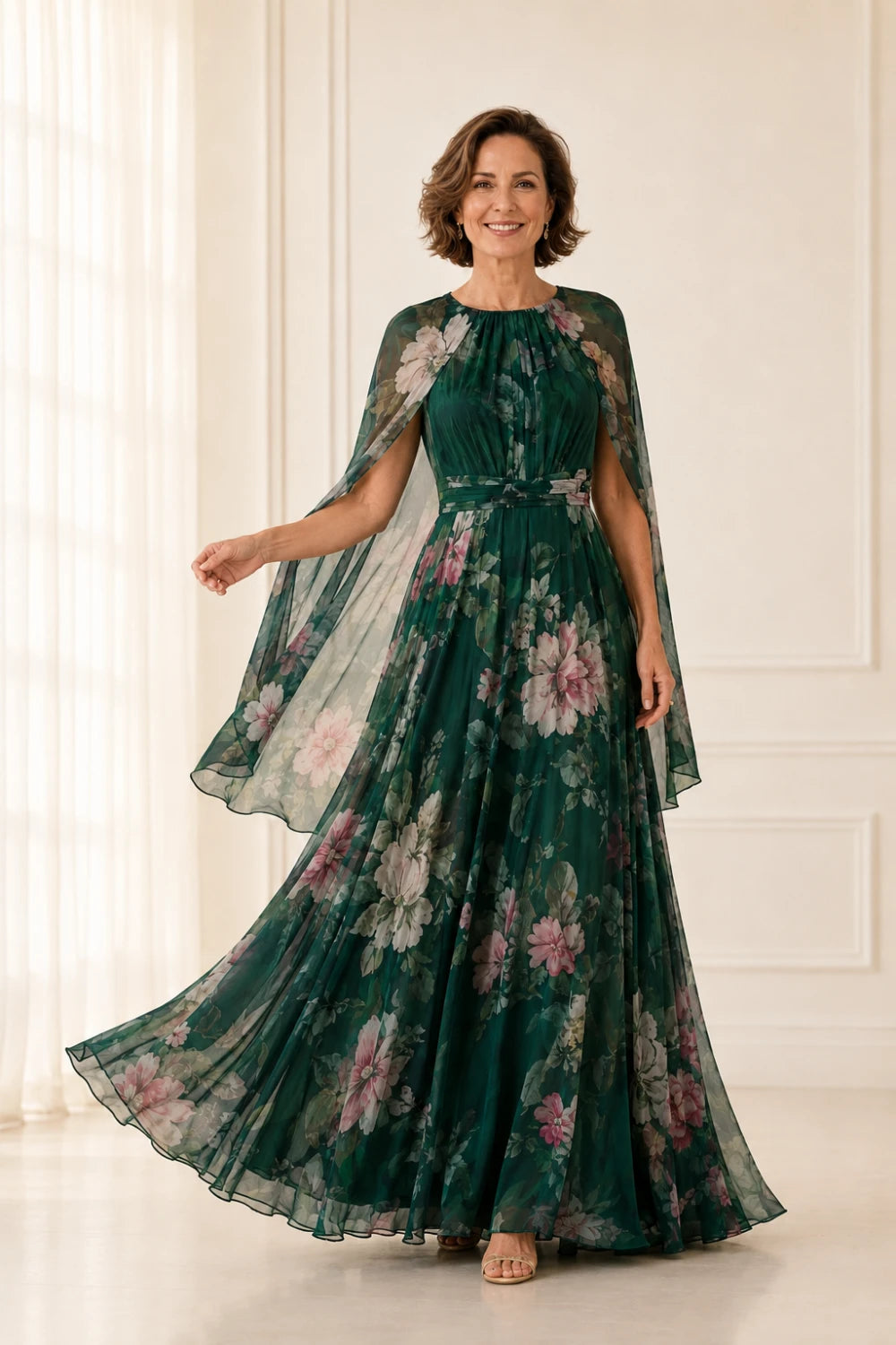 Emerald Floral Cape-Sleeve Chiffon Maxi Dress