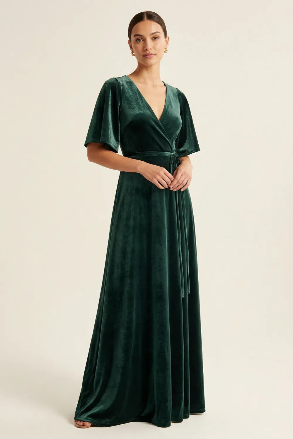 Elegant Emerald Green Velvet Wrap Maxi Dress