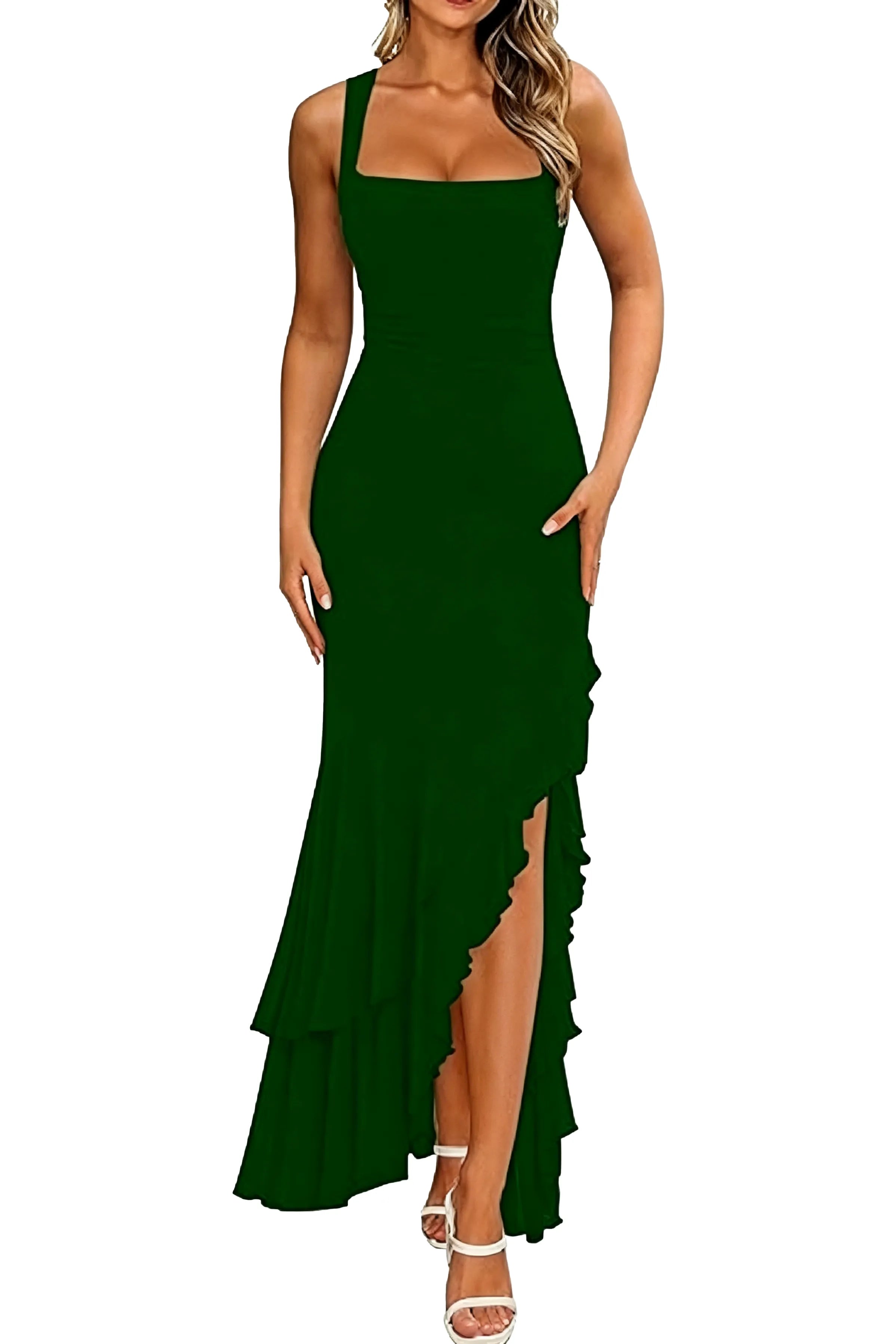 Elegant Ruffled High Slit Formal Maxi Dress