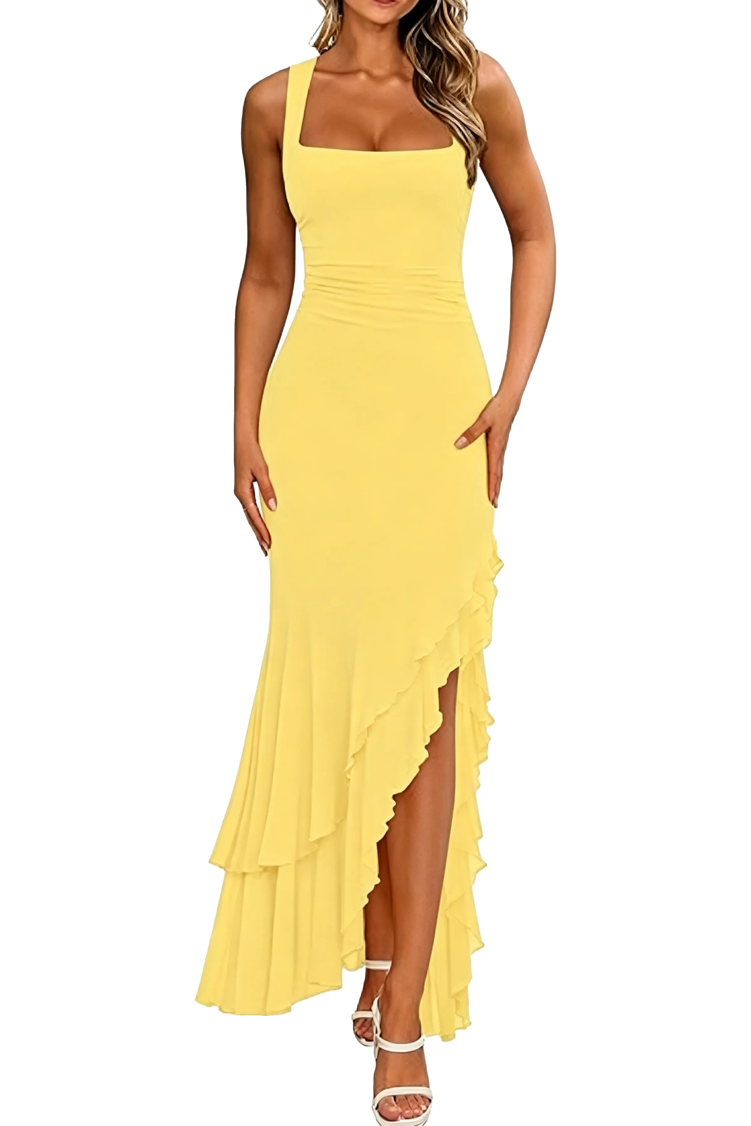 Elegant Ruffled High Slit Formal Maxi Dress