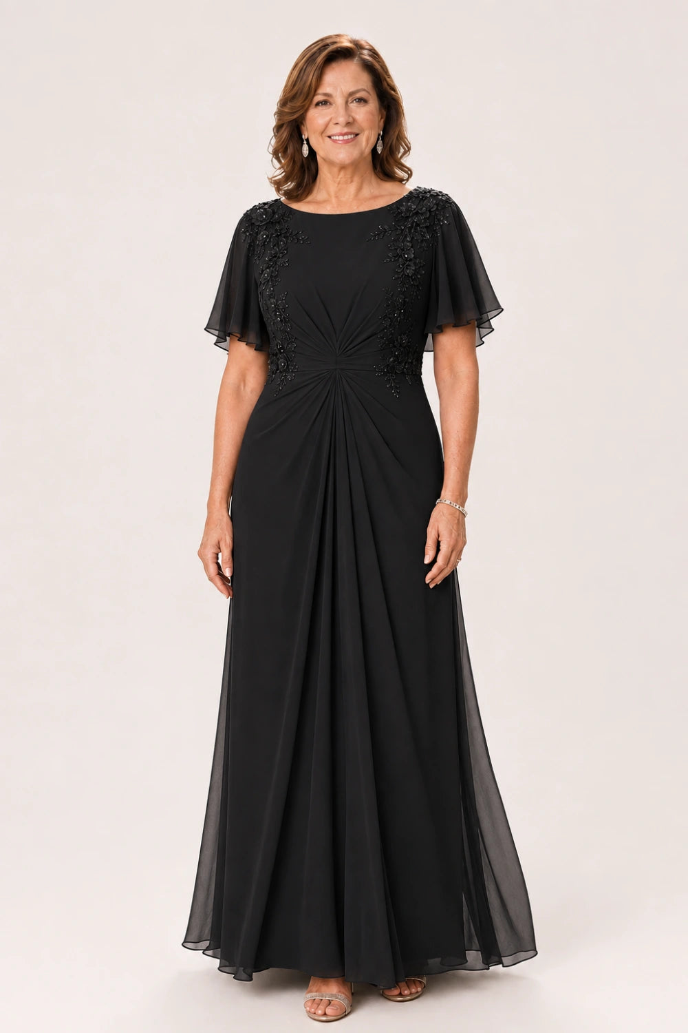 Floral-Appliqué Flutter-Sleeve Ruched Maxi Dress