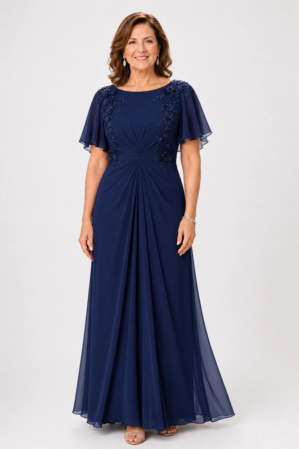 Floral-Appliqué Flutter-Sleeve Ruched Maxi Dress