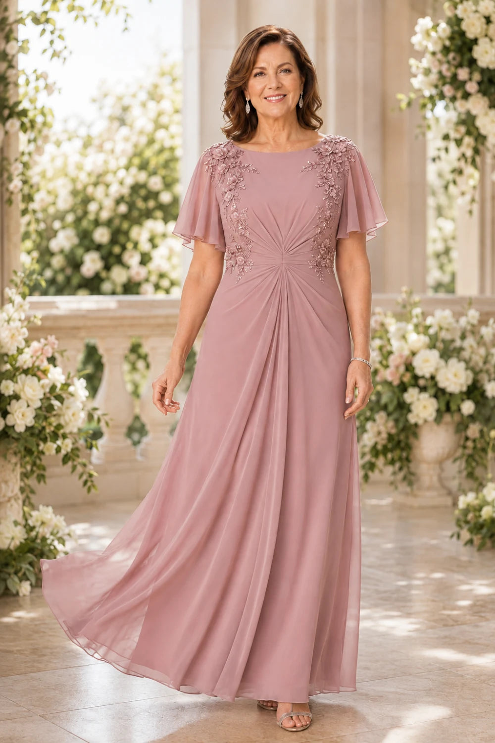 Floral-Appliqué Flutter-Sleeve Ruched Maxi Dress