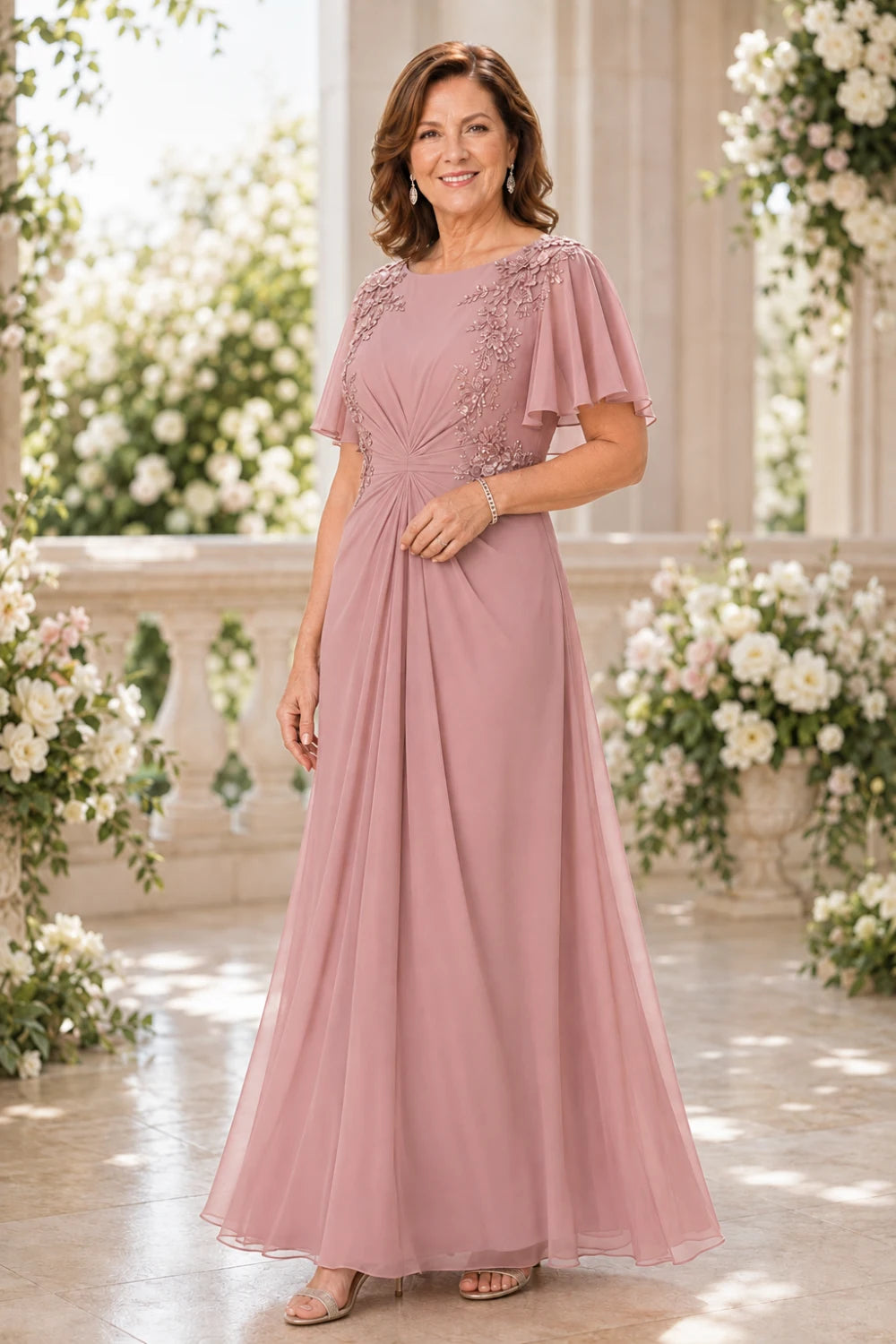 Floral-Appliqué Flutter-Sleeve Ruched Maxi Dress