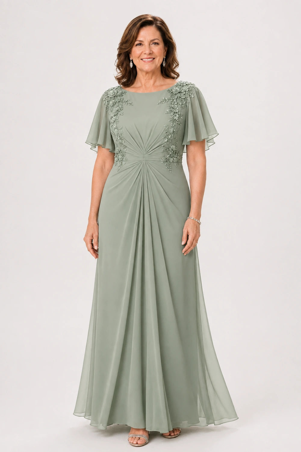 Floral-Appliqué Flutter-Sleeve Ruched Maxi Dress