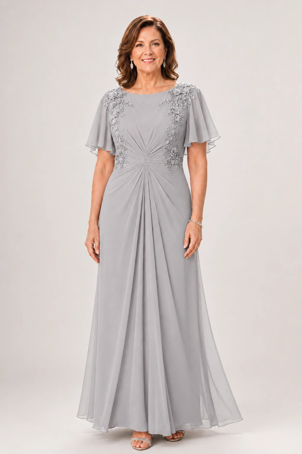 Floral-Appliqué Flutter-Sleeve Ruched Maxi Dress