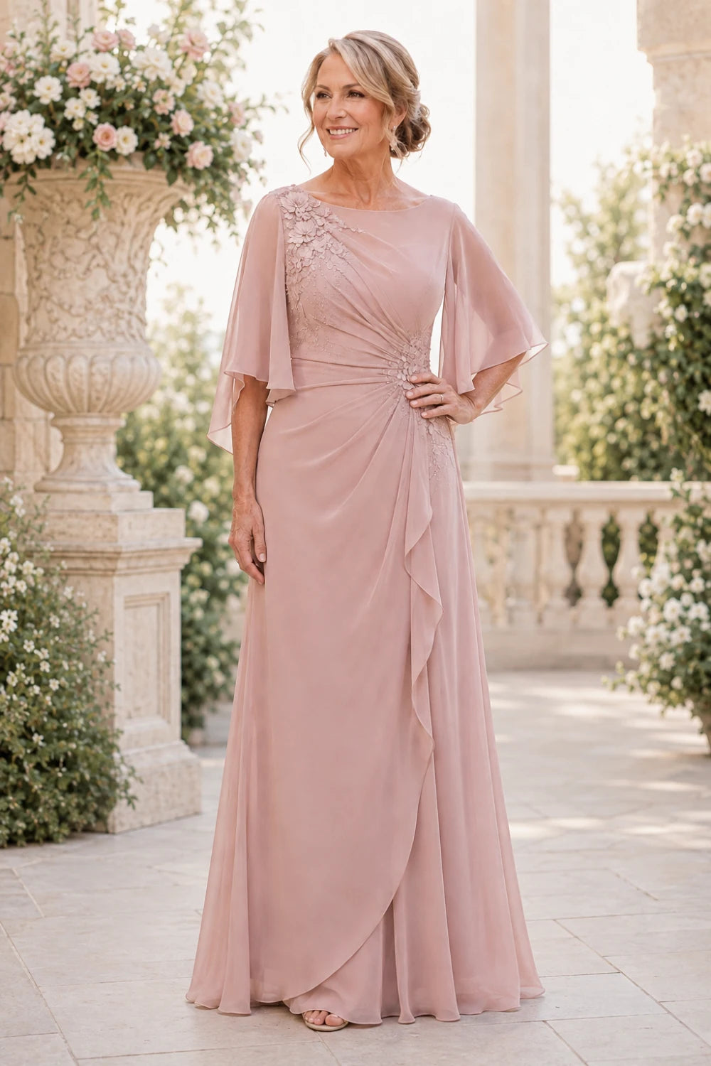 Floral Appliqué Ruched Chiffon Cape Gown
