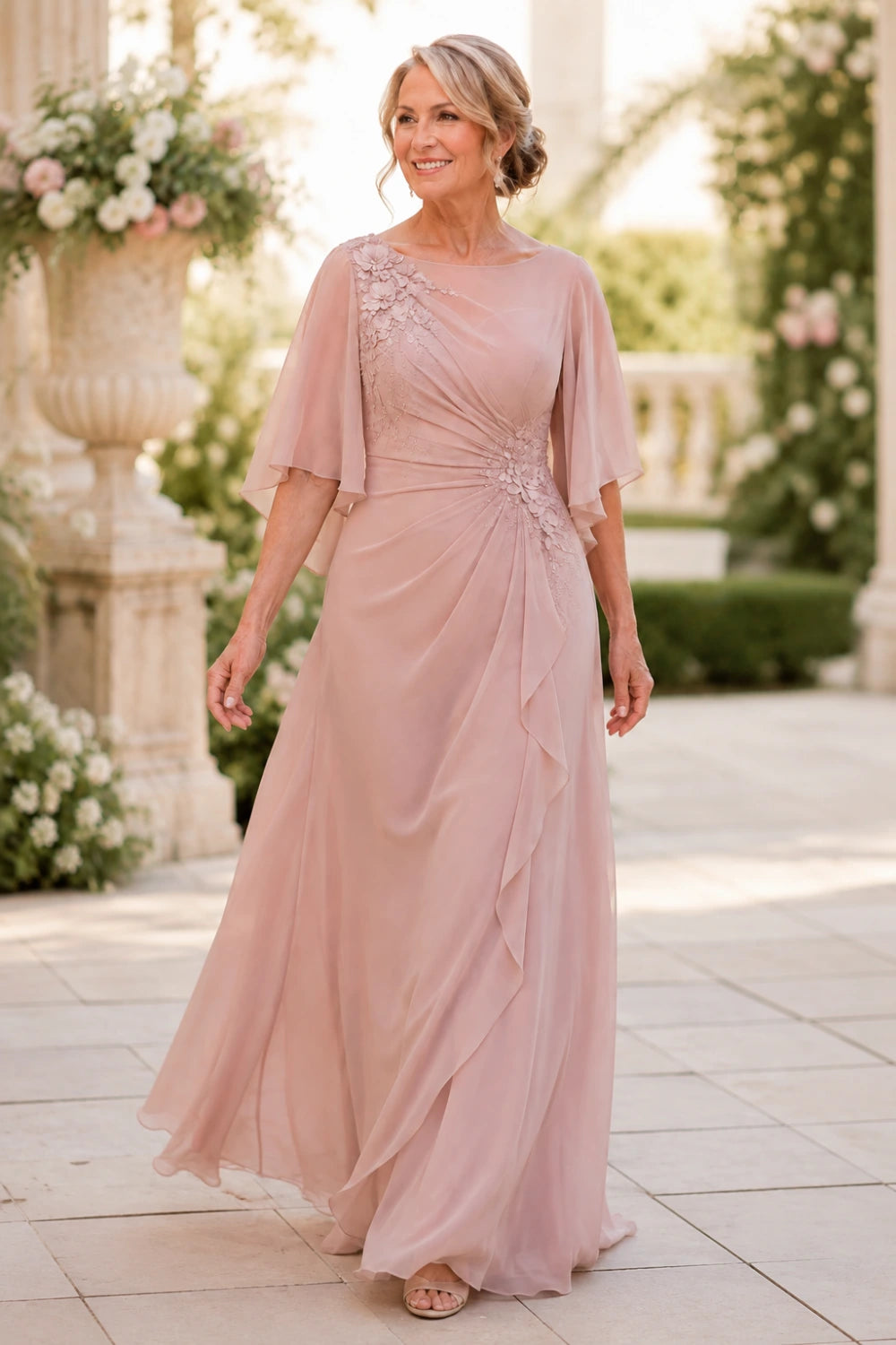 Floral Appliqué Ruched Chiffon Cape Gown