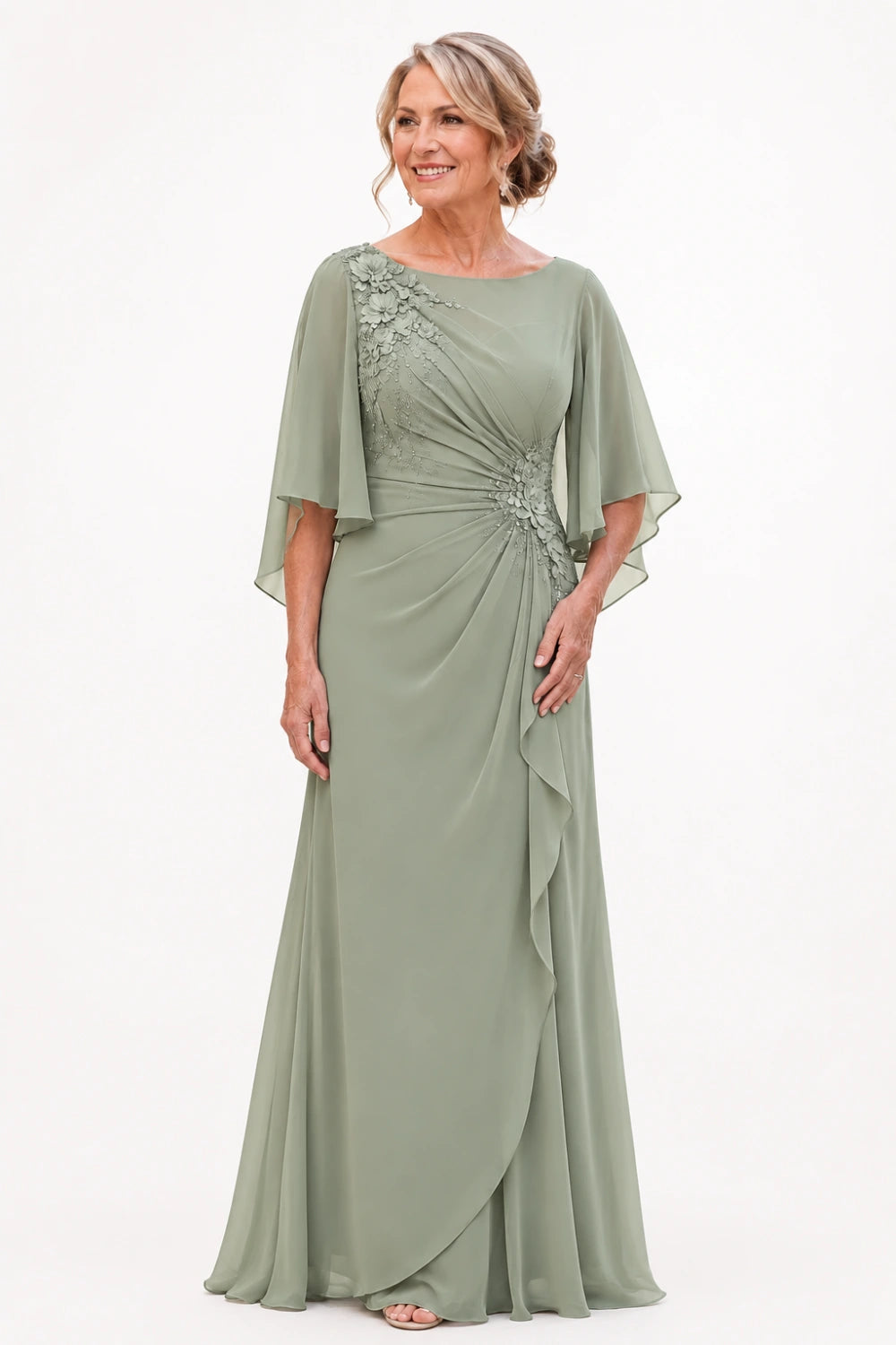 Floral Appliqué Ruched Chiffon Cape Gown
