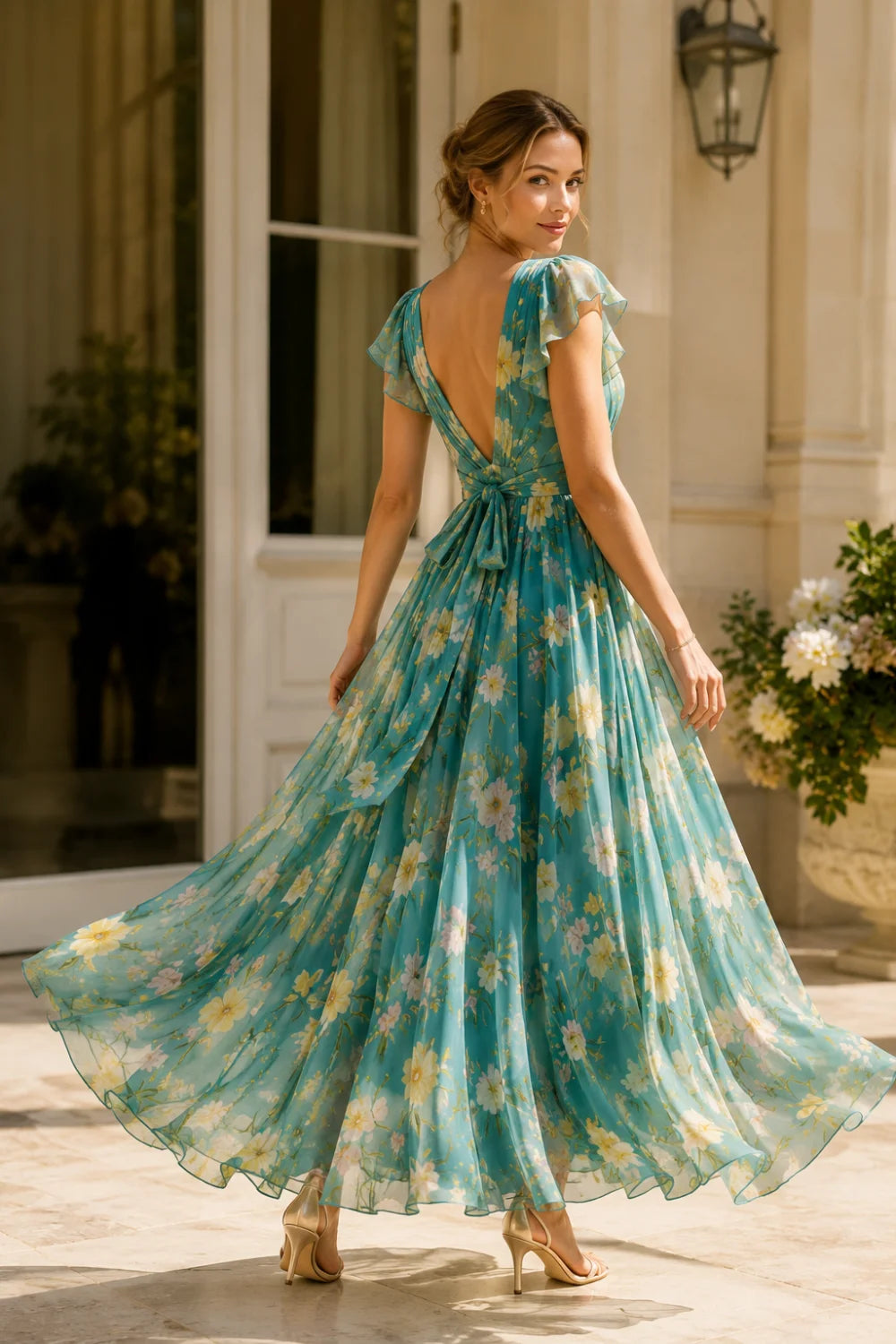 Floral Maxi Dress with Wrap Bodice and Flutter Sleeves