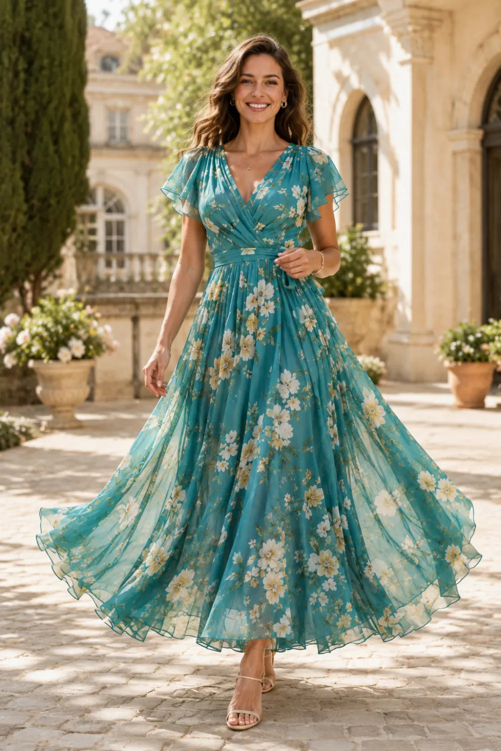 Floral Maxi Dress with Wrap Bodice and Flutter Sleeves