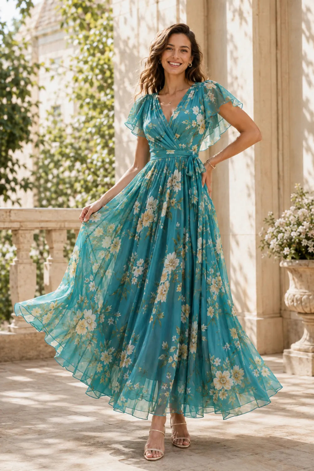 Floral Maxi Dress with Wrap Bodice and Flutter Sleeves