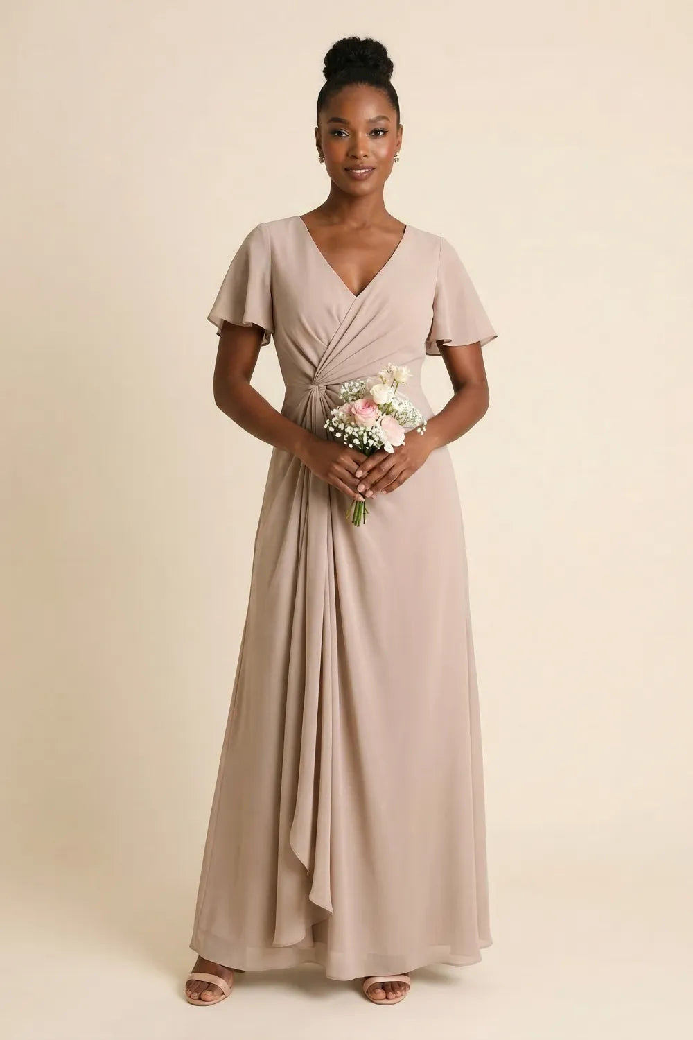 Aurora Ruched V-Neck Chiffon Maxi Dress