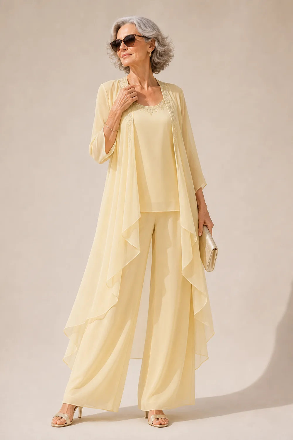 Elegant Beaded Neckline Three-Piece Pant Suit