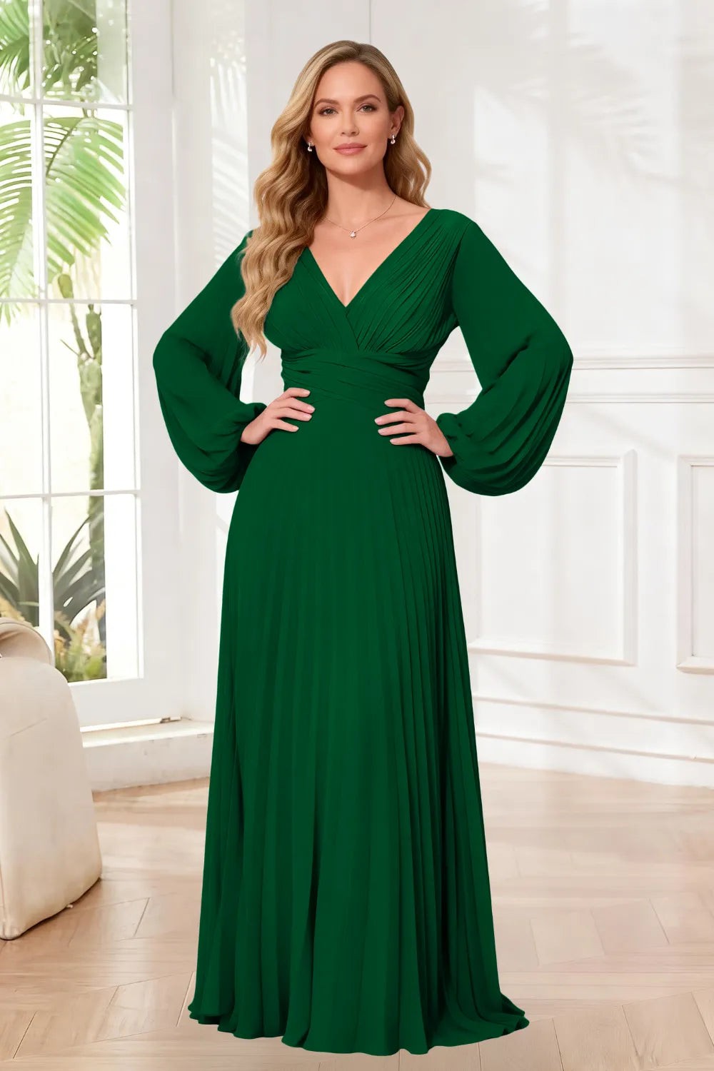 Graceful Long Sleeve Pleated Evening Gown
