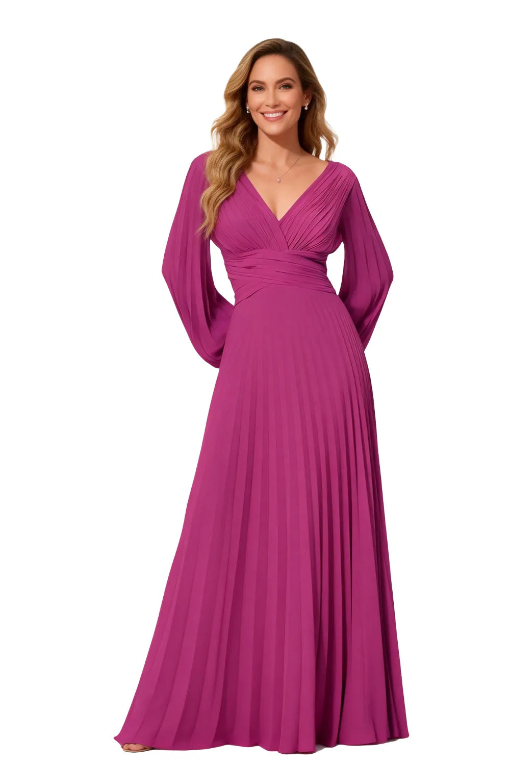 Graceful Long Sleeve Pleated Evening Gown