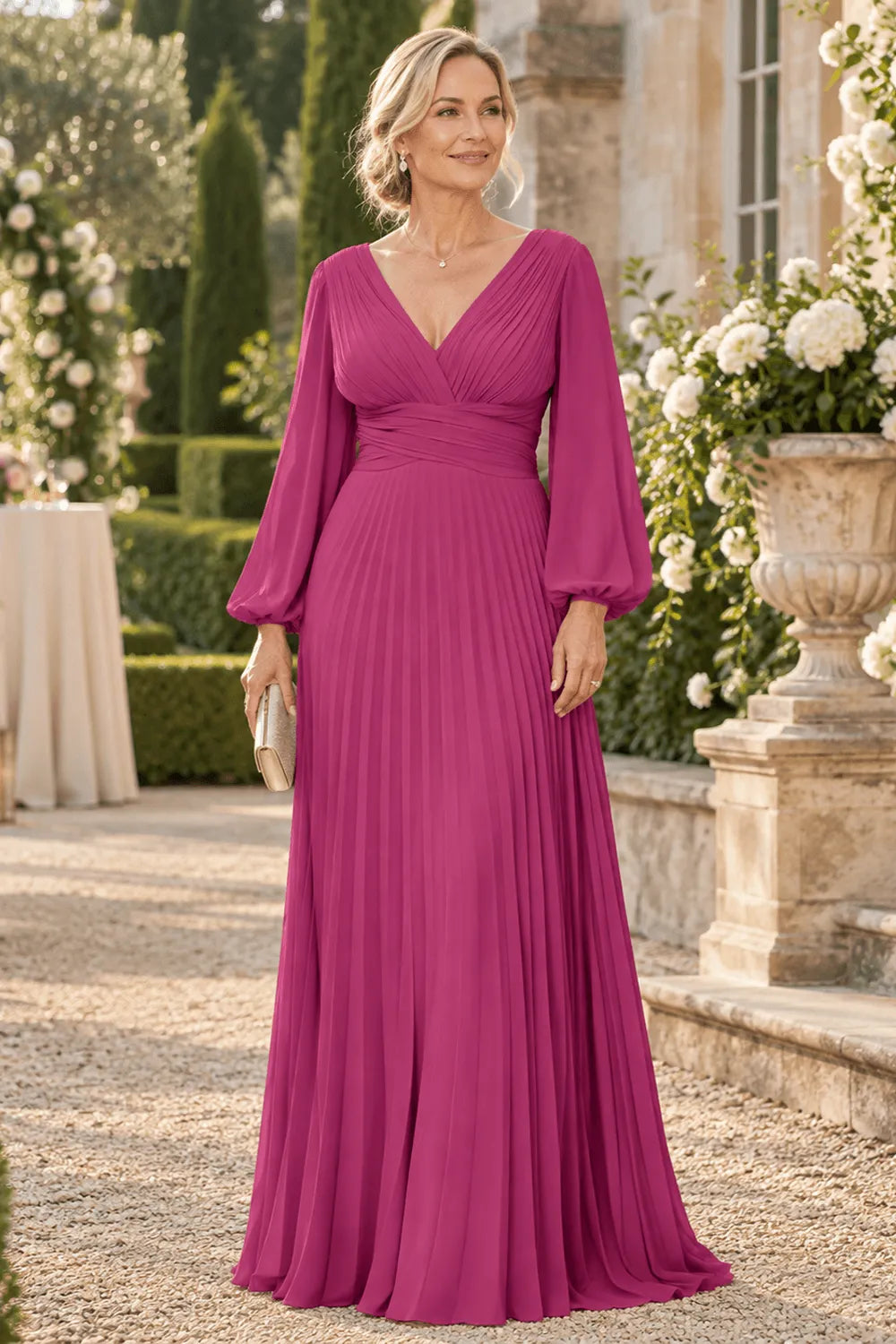 Graceful Long Sleeve Pleated Evening Gown