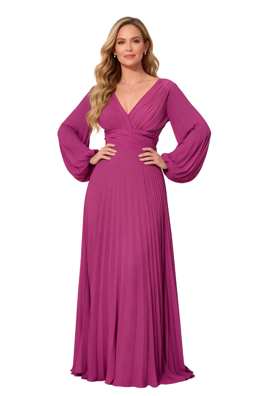 Graceful Long Sleeve Pleated Evening Gown