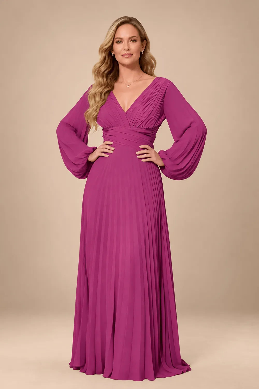 Graceful Long Sleeve Pleated Evening Gown