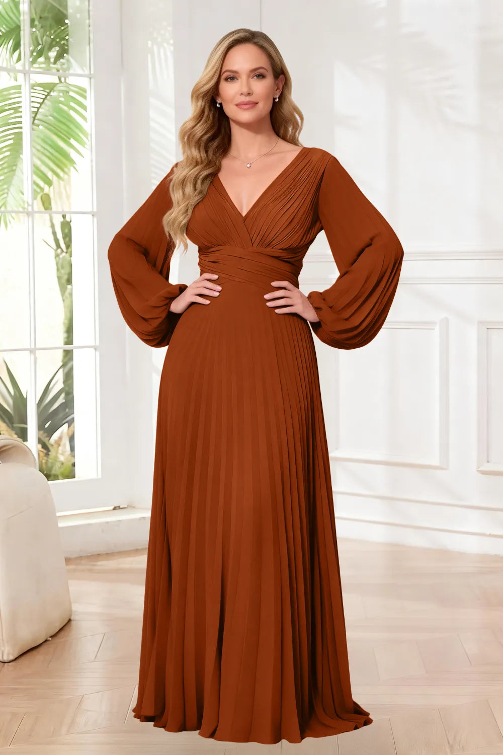 Graceful Long Sleeve Pleated Evening Gown
