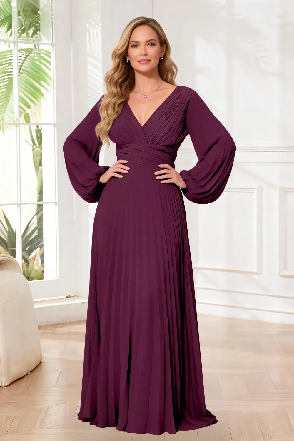 Graceful Long Sleeve Pleated Evening Gown