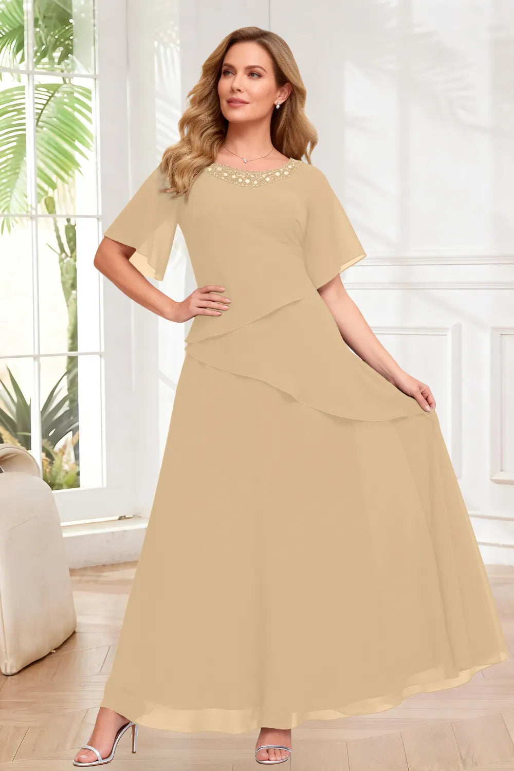 Elegant Chiffon A-Line Evening Dress with Layered Ruffle Detail