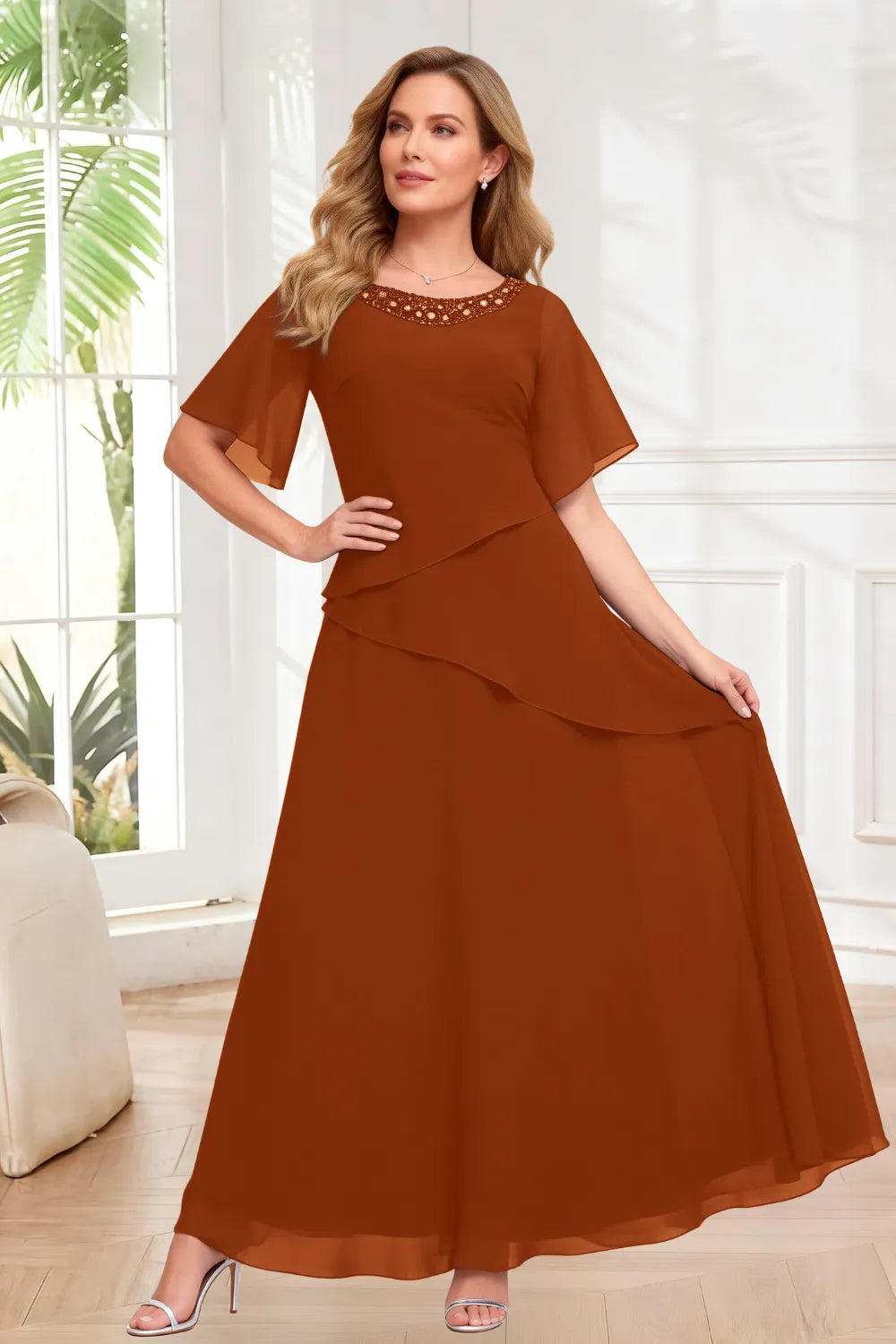 Elegant Chiffon A-Line Evening Dress with Layered Ruffle Detail