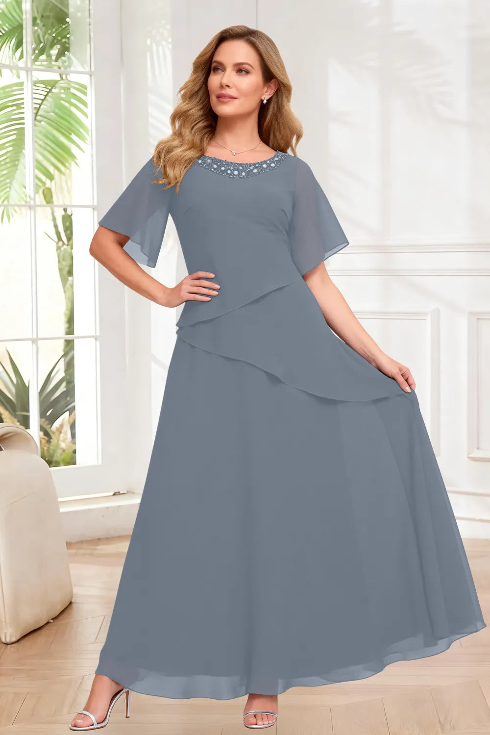 Elegant Chiffon A-Line Evening Dress with Layered Ruffle Detail