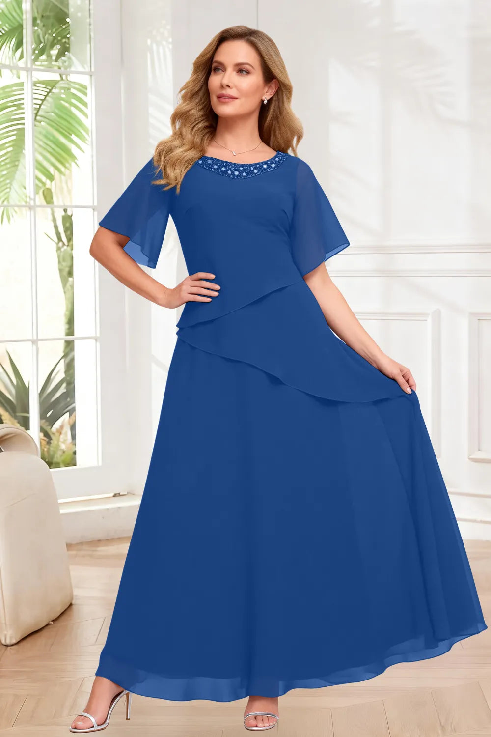 Elegant Chiffon A-Line Evening Dress with Layered Ruffle Detail