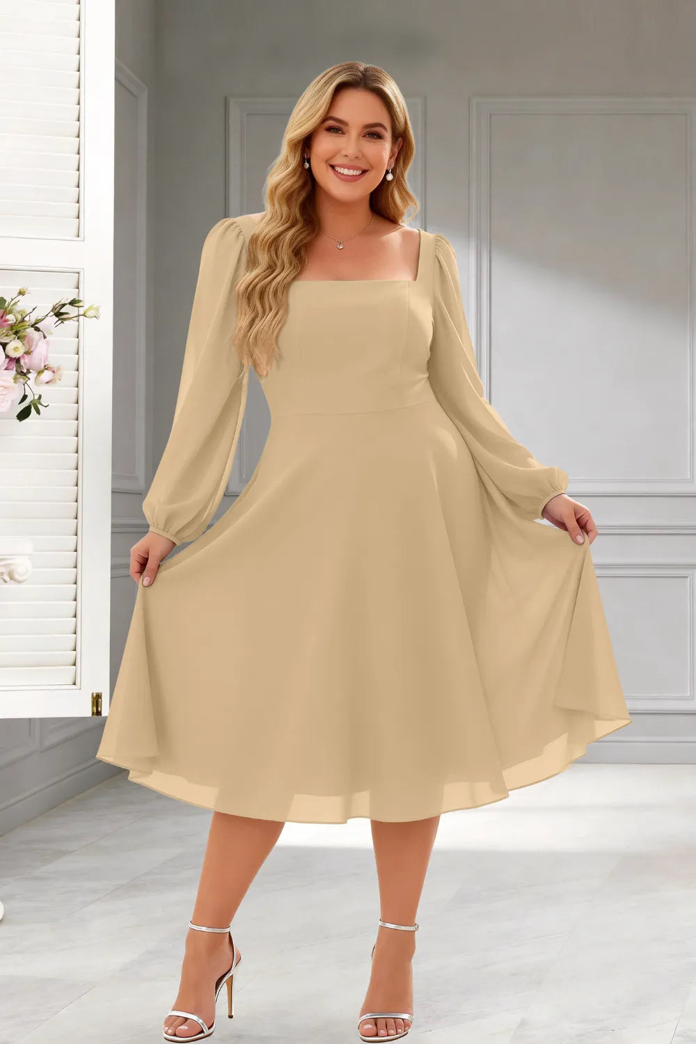 Elegant Square Neck Long Sleeve A-Line Midi Dress