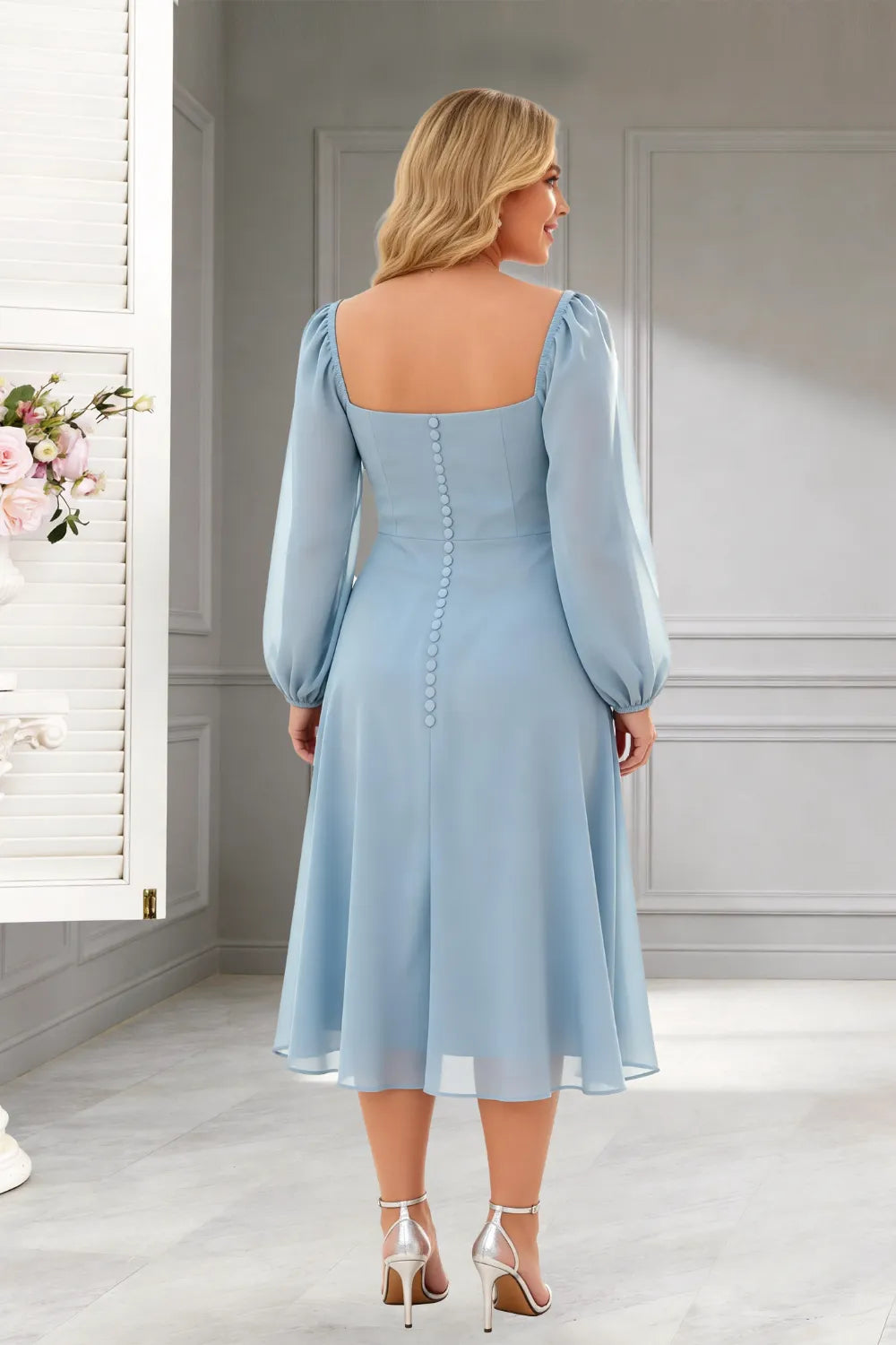 Elegant Square Neck Long Sleeve A-Line Midi Dress