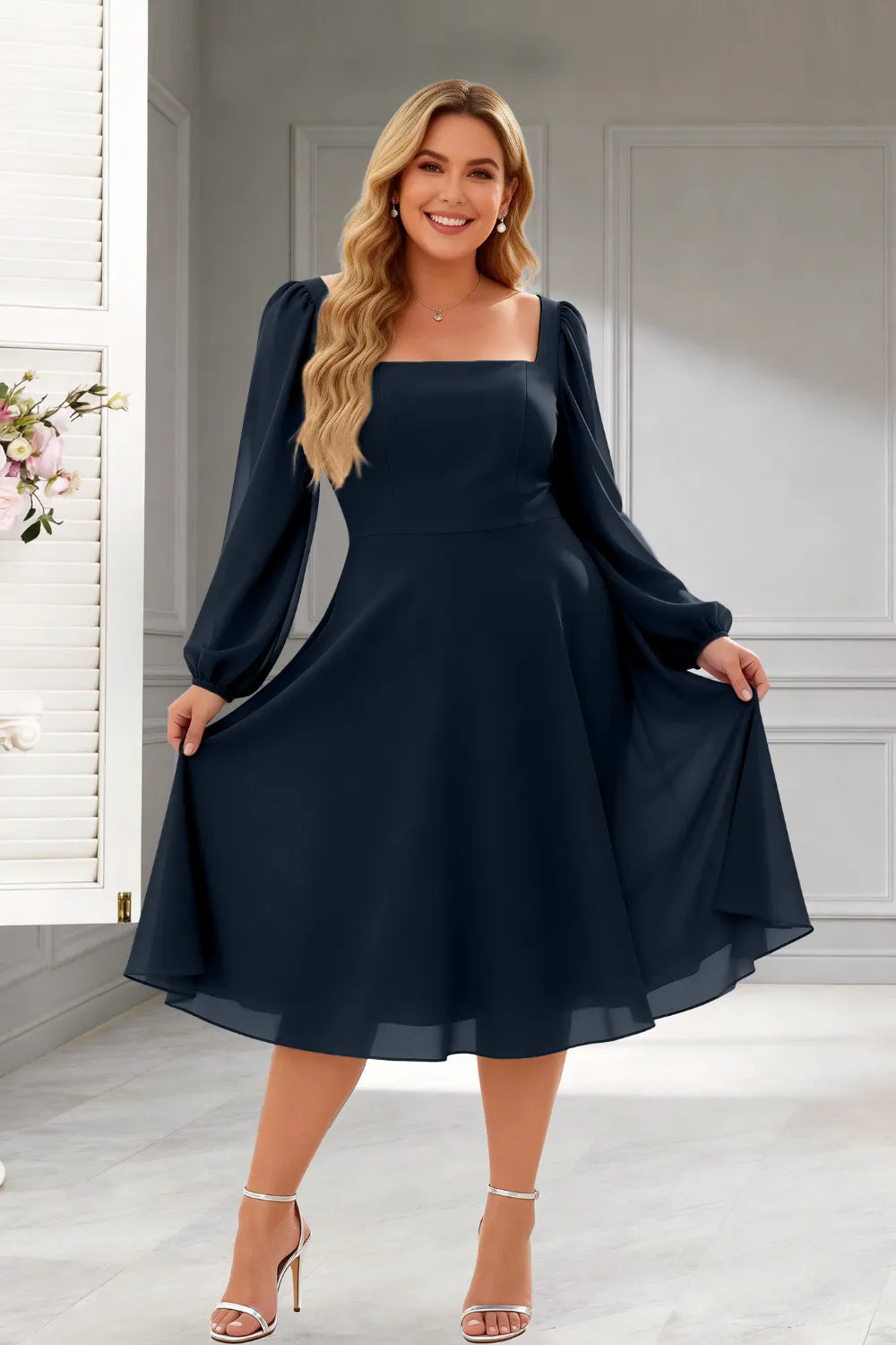 Elegant Square Neck Long Sleeve A-Line Midi Dress