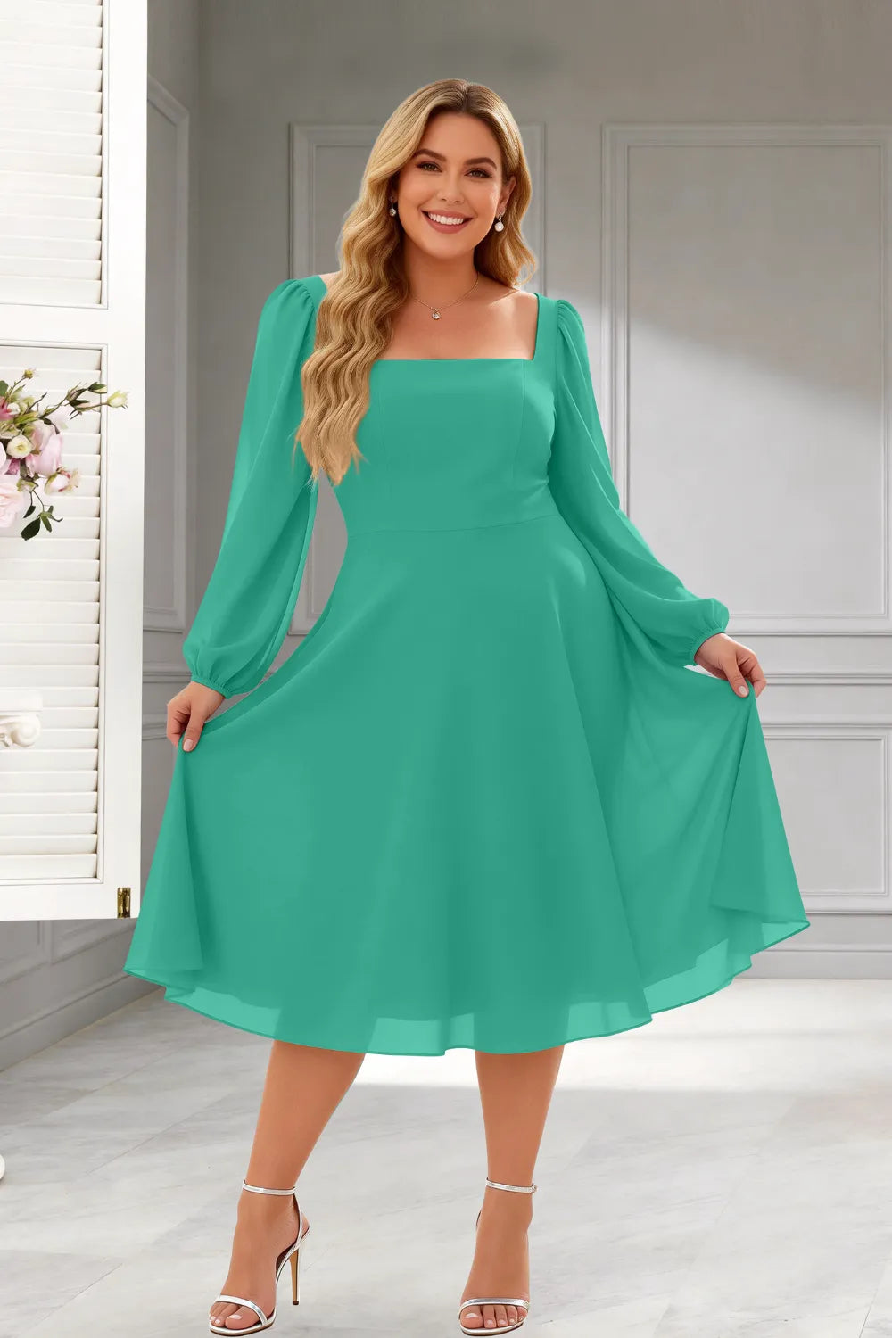 Elegant Square Neck Long Sleeve A-Line Midi Dress