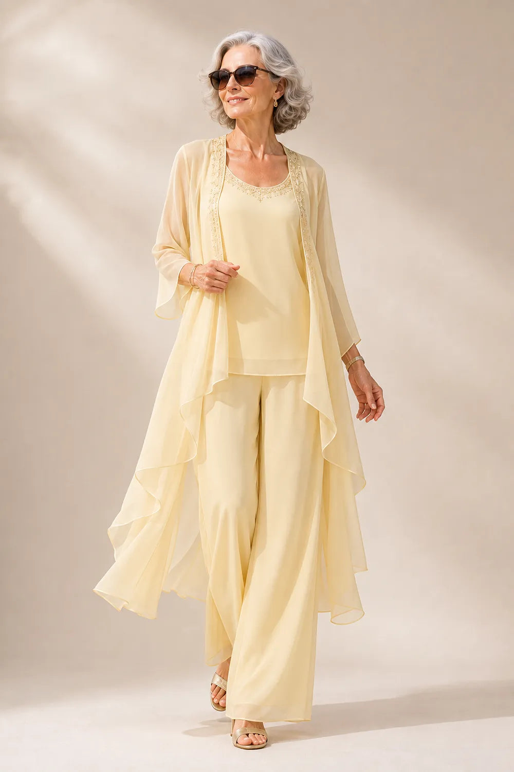 Elegant Beaded Neckline Three-Piece Pant Suit