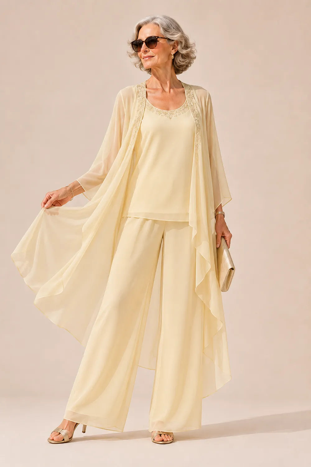Elegant Beaded Neckline Three-Piece Pant Suit