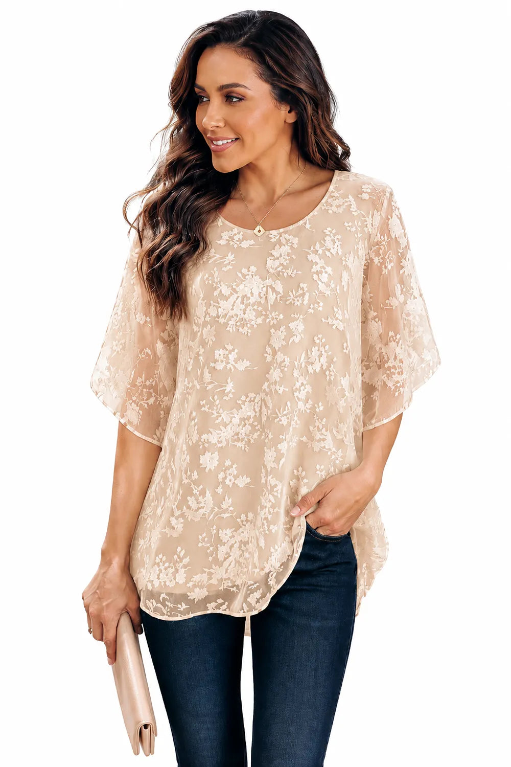 Floral Lace Overlay Formal Blouse