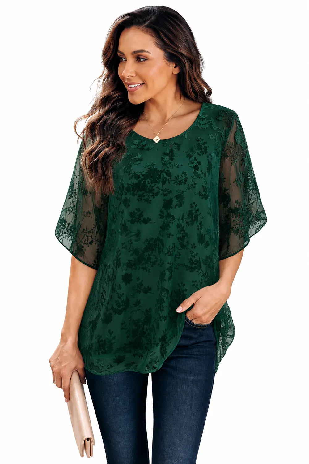 Floral Lace Overlay Formal Blouse