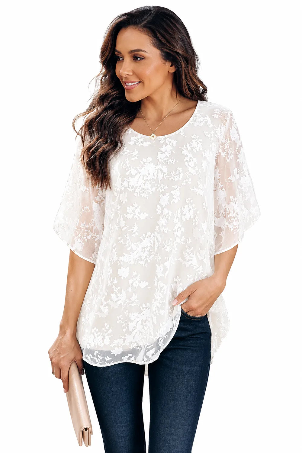 Floral Lace Overlay Formal Blouse