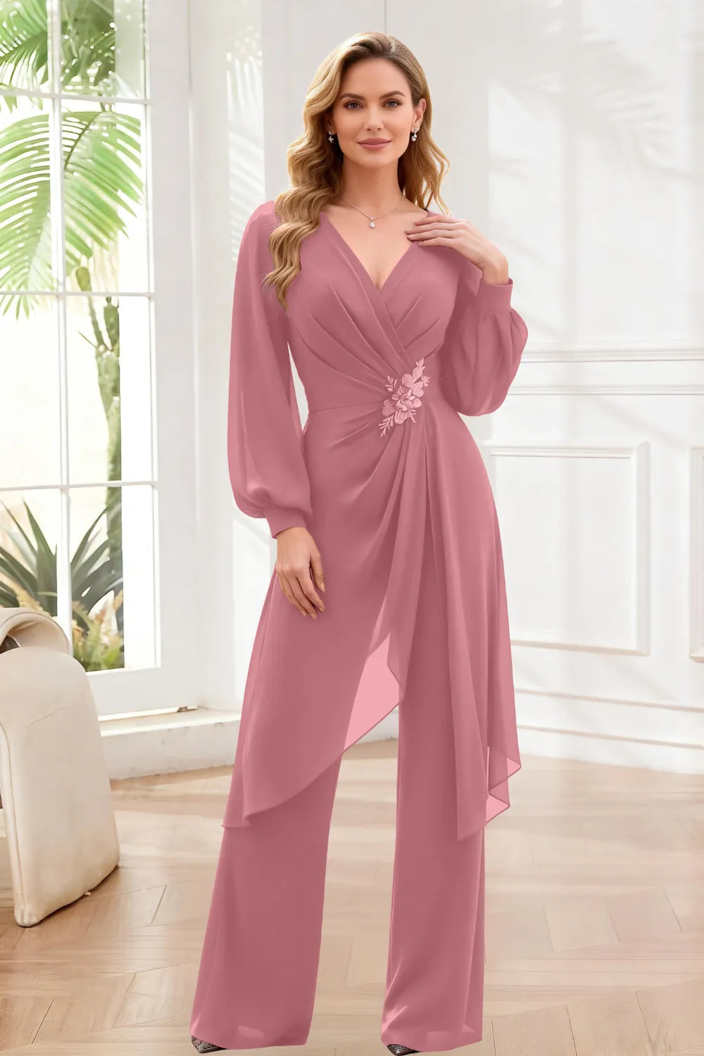 Chic V-Neck Evening Jumpsuit with Flowing Overlay