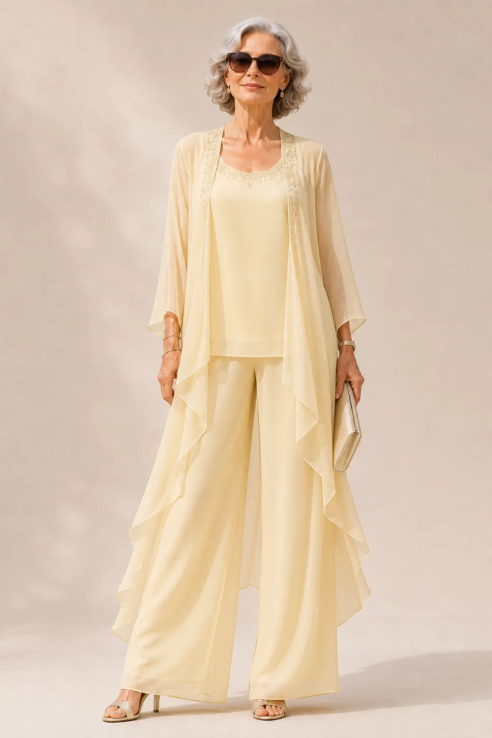 Elegant Beaded Neckline Three-Piece Pant Suit