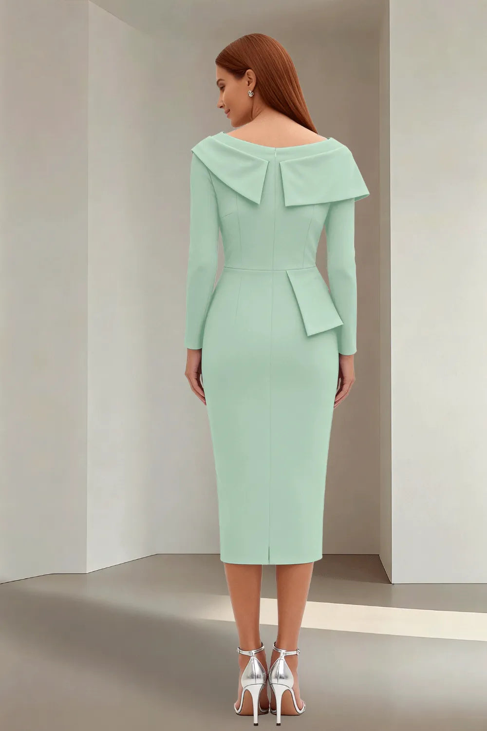 Simple Long Sleeve Formal Evening Midi Dress